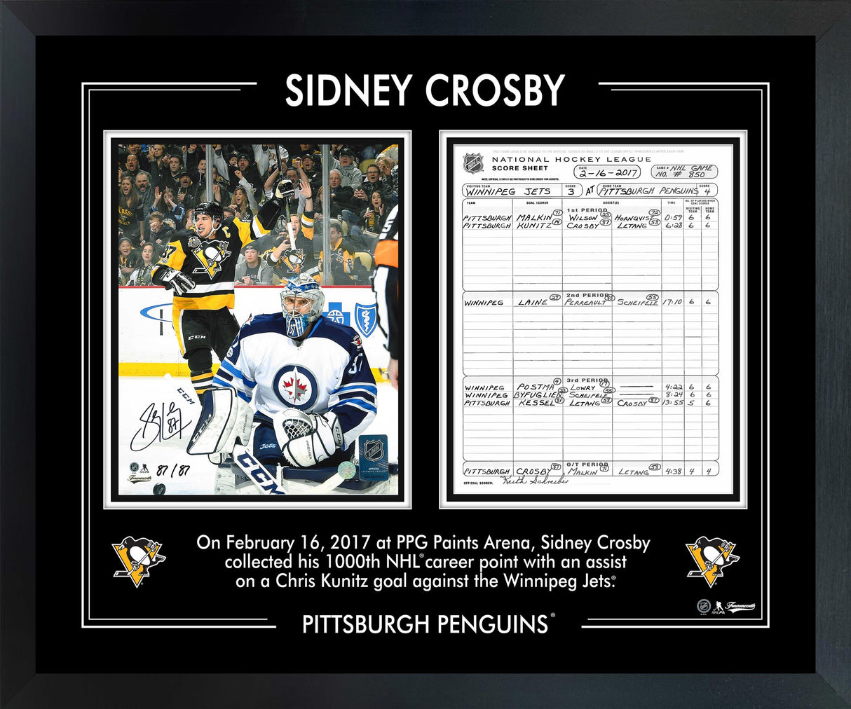 Sidney Crosby Signed 8x10 Framed PhotoGlass 1000 Points Scoresheet Penguins (Limited Edition of 87) - AUCTION