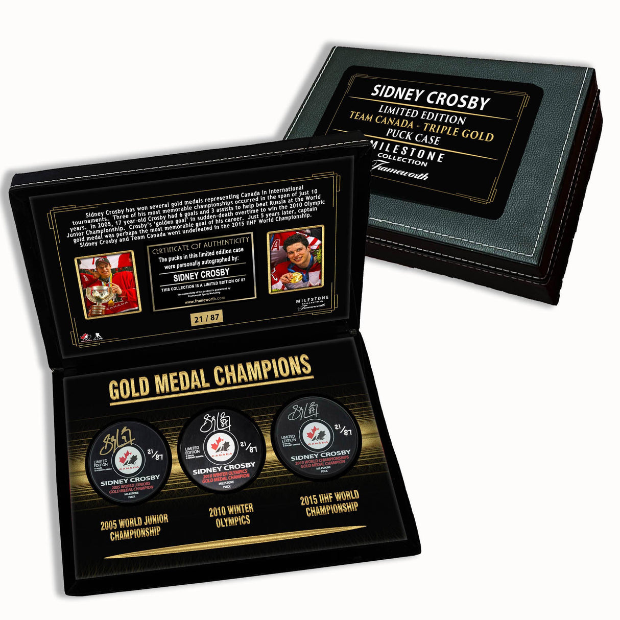 Sidney Crosby Signed Pucks in Deluxe Case Canada 3x Gold Medal (Limited Edition of 87) - AUCTION
