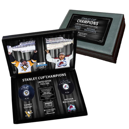 Sidney Crosby and Nathan MacKinnon Signed Pucks in Stanley Cup Champions Point Deluxe Case (Limited Edition of 87) - Frameworth Sports Canada 