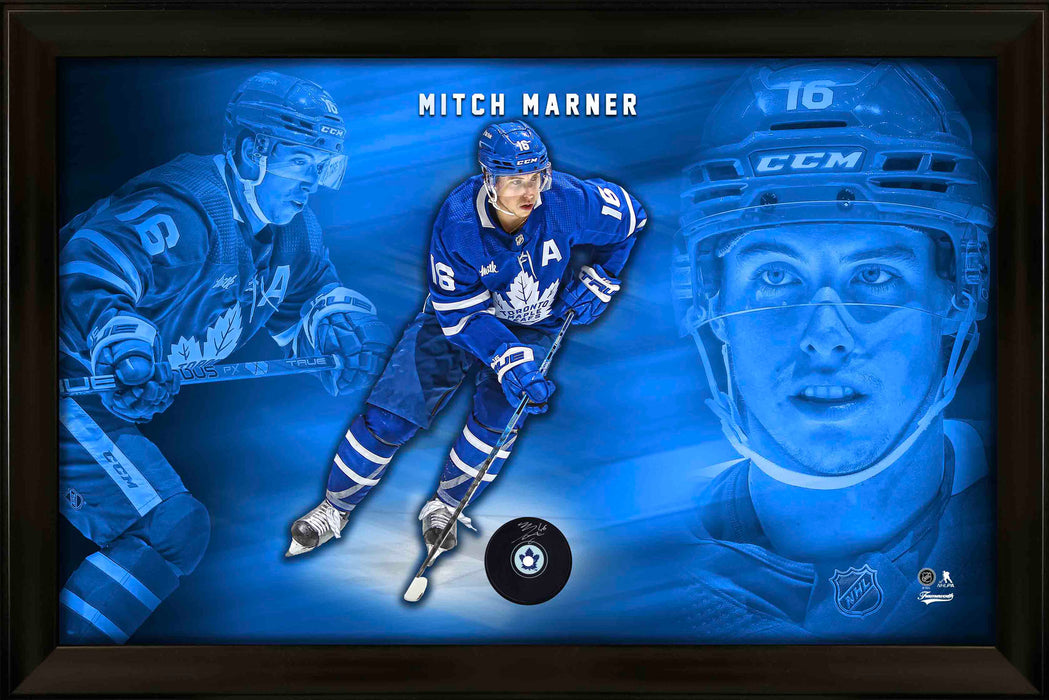 Mitch Marner Signed Photo Glass Framed Toronto Maple Leafs Puck - Frameworth Sports Canada 