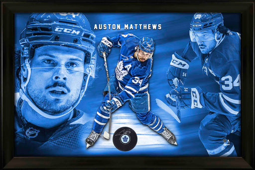 Auston Matthews Signed Photo Glass Framed Toronto Maple Leafs Puck - Frameworth Sports Canada 