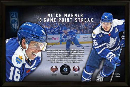 Mitch Marner Signed PhotoGlass Framed Toronto Maples Leafs Puck Inscribed "18-Game Point Streak" (Limited Edition of 116). - Frameworth Sports Canada 