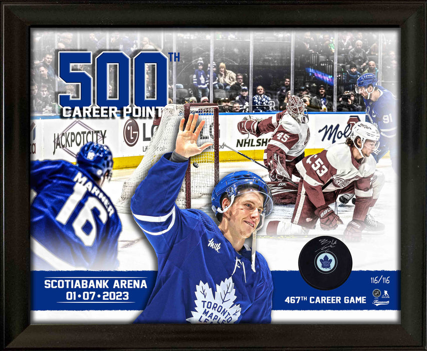 Mitch Marner Signed Framed Toronto Maple Leafs Puck with 500 Points Collage (Limited Edition of 116) - Frameworth Sports Canada 