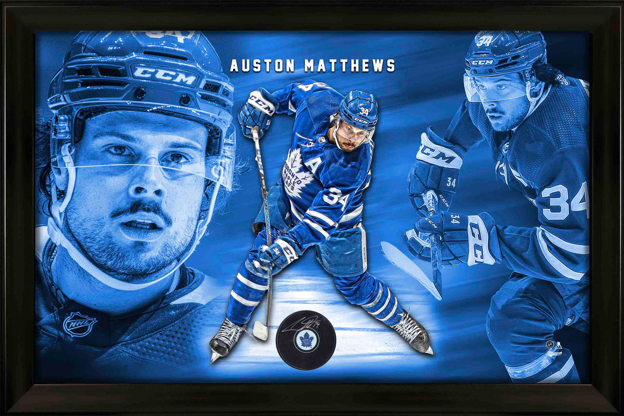 Auston Matthews Signed Photo Glass Framed Toronto Maple Leafs Puck - AUCTION