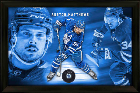 Auston Matthews Signed Photo Glass Framed Toronto Maple Leafs Puck - AUCTION