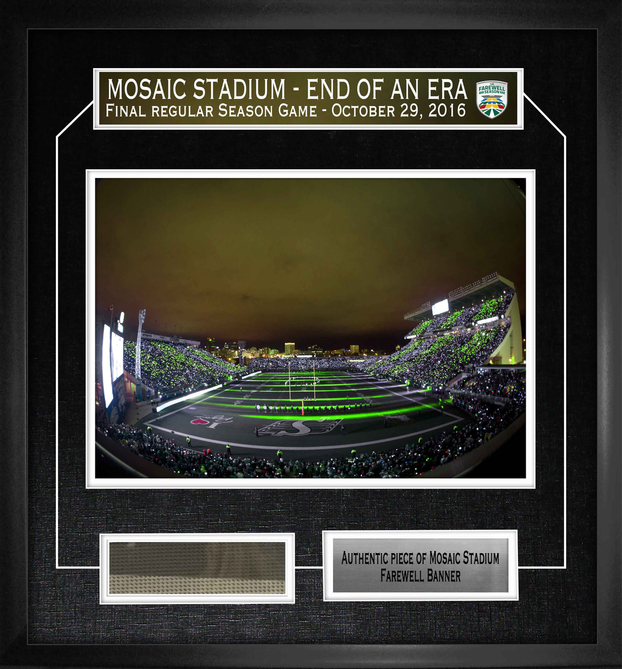 Saskatchewan Roughriders Framed 8x10 Mosaic Stadium Photo With Piece of Farewell Banner - Frameworth Sports Canada 