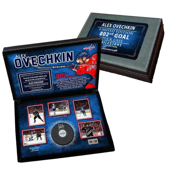 Alex Ovechkin Signed Puck in Deluxe Case Capitals 802 Goal (Limited Edition of 88)