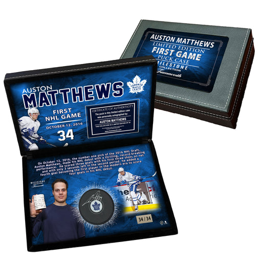 Auston Matthews Signed Puck in Deluxe Case Maple Leafs First Game (Limited Edition of 34) - Frameworth Sports Canada 