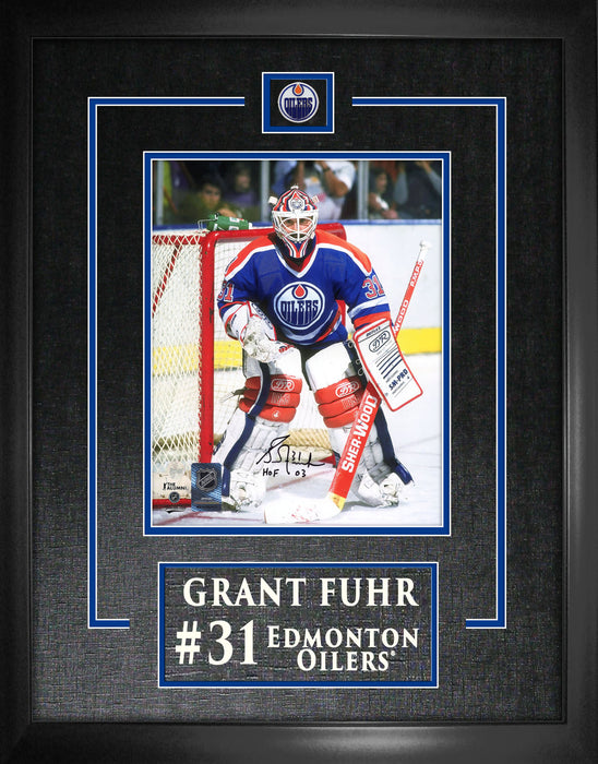 Grant Fuhr Signed 8x10 Etched Mat Oilers Blue Action-V Insc" HOF 23" - Frameworth Sports Canada 