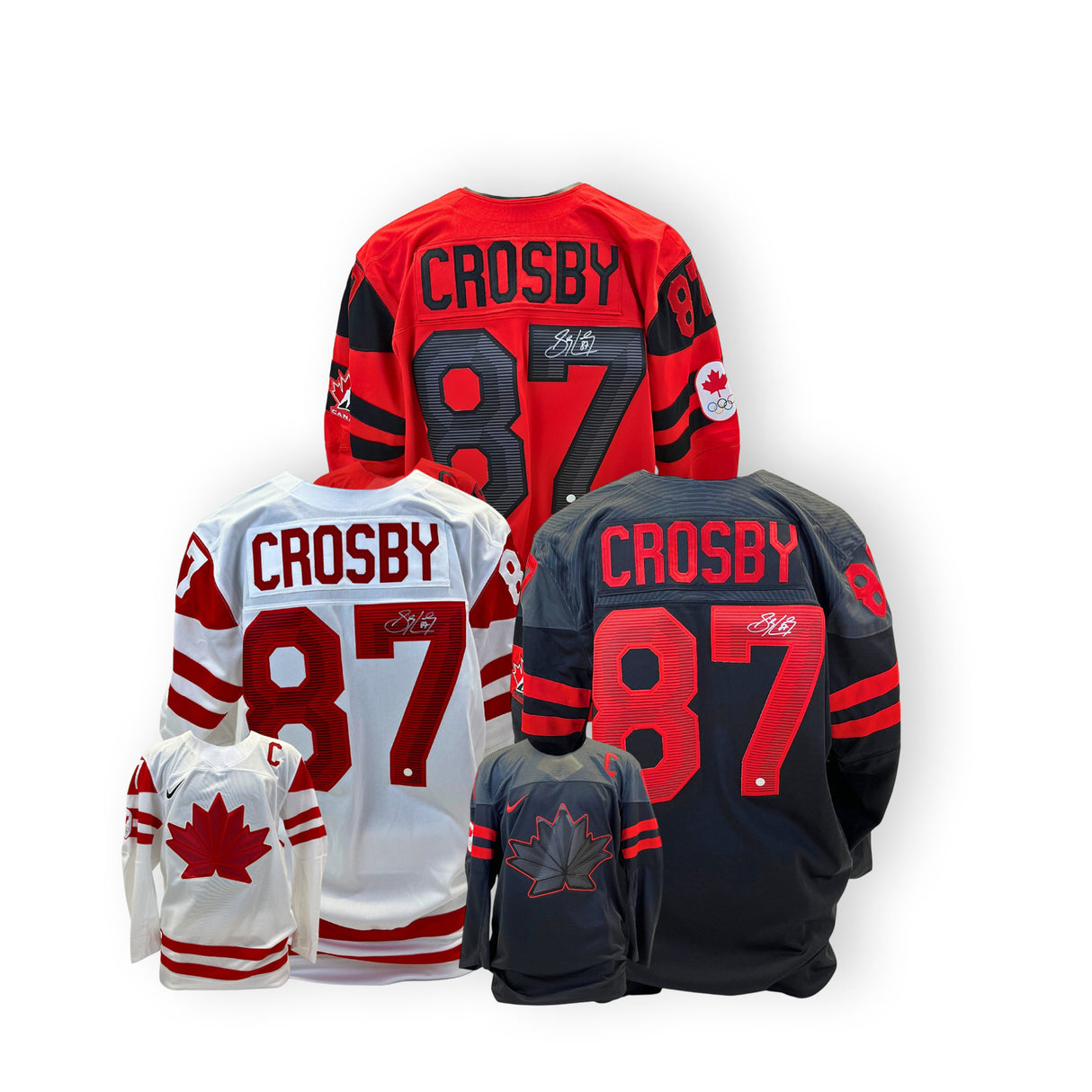 Sidney Crosby Team Canada 2022 Olympics Signed Jersey Collection - Black, Red & White Replica Bundle