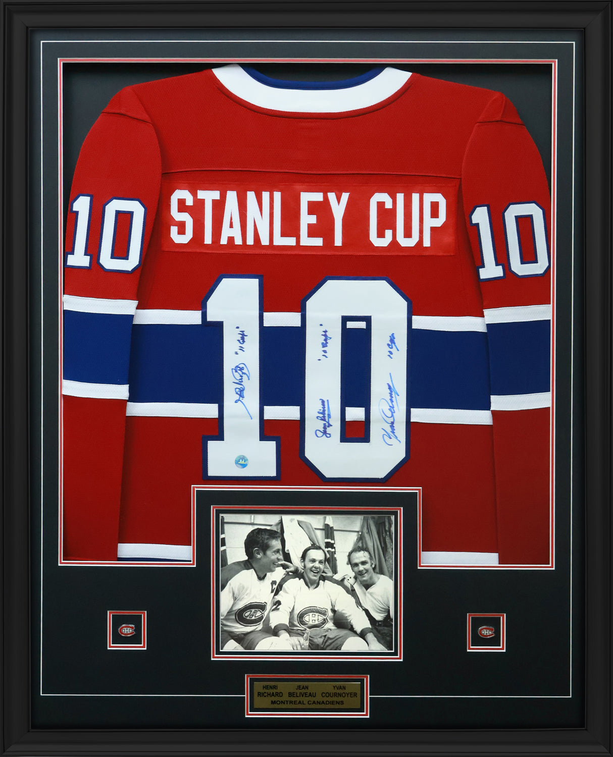 Henri Richard, Jean Beliveau, and Yvan Cournoyer Signed Montreal Canadiens Framed 34x42 Stanley Cup Jersey - AUCTION