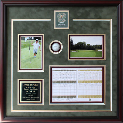 Multi-opening frame with green suede matting, burgundy accents, and asymmetric five-piece layout