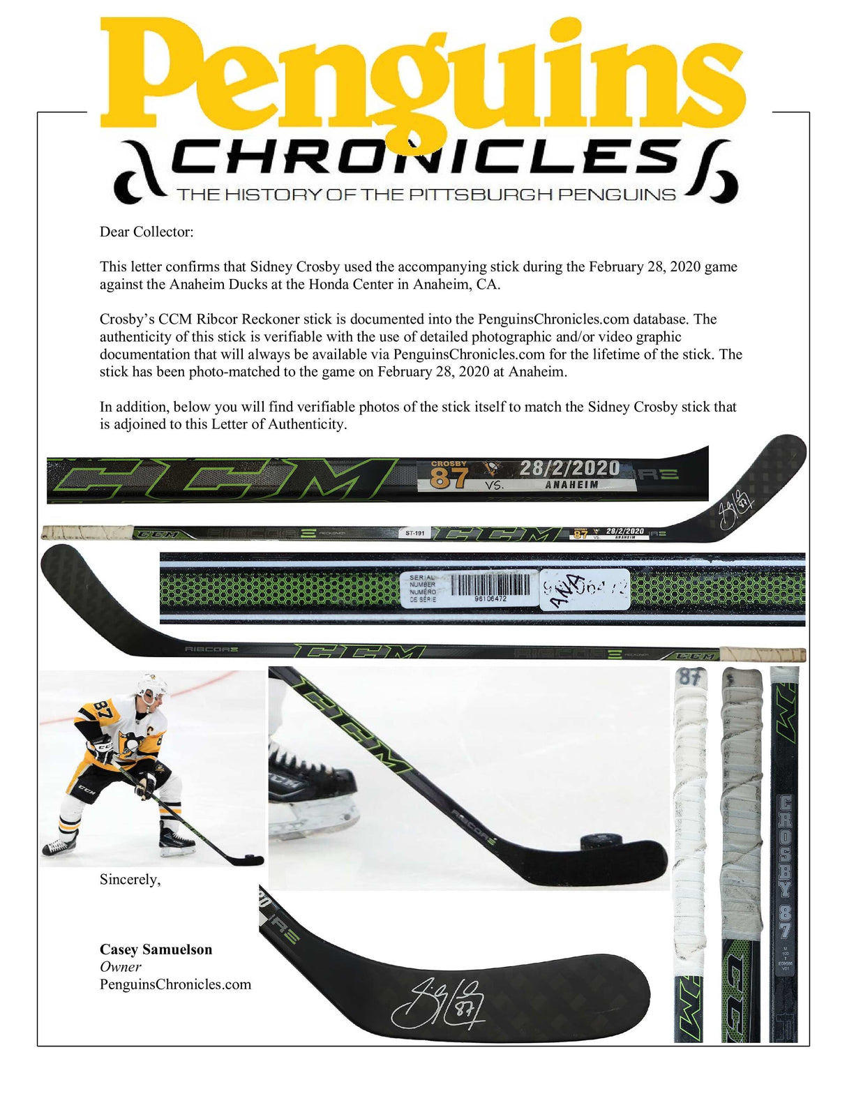 Sidney Crosby Signed Pittsburgh Penguins Game Used Stick vs Anaheim Ducks Feb 28, 2020