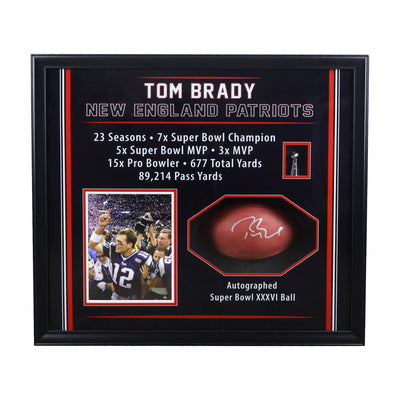 Shadow box with red and white accent borders, octagonal football opening, and dual-photo composition