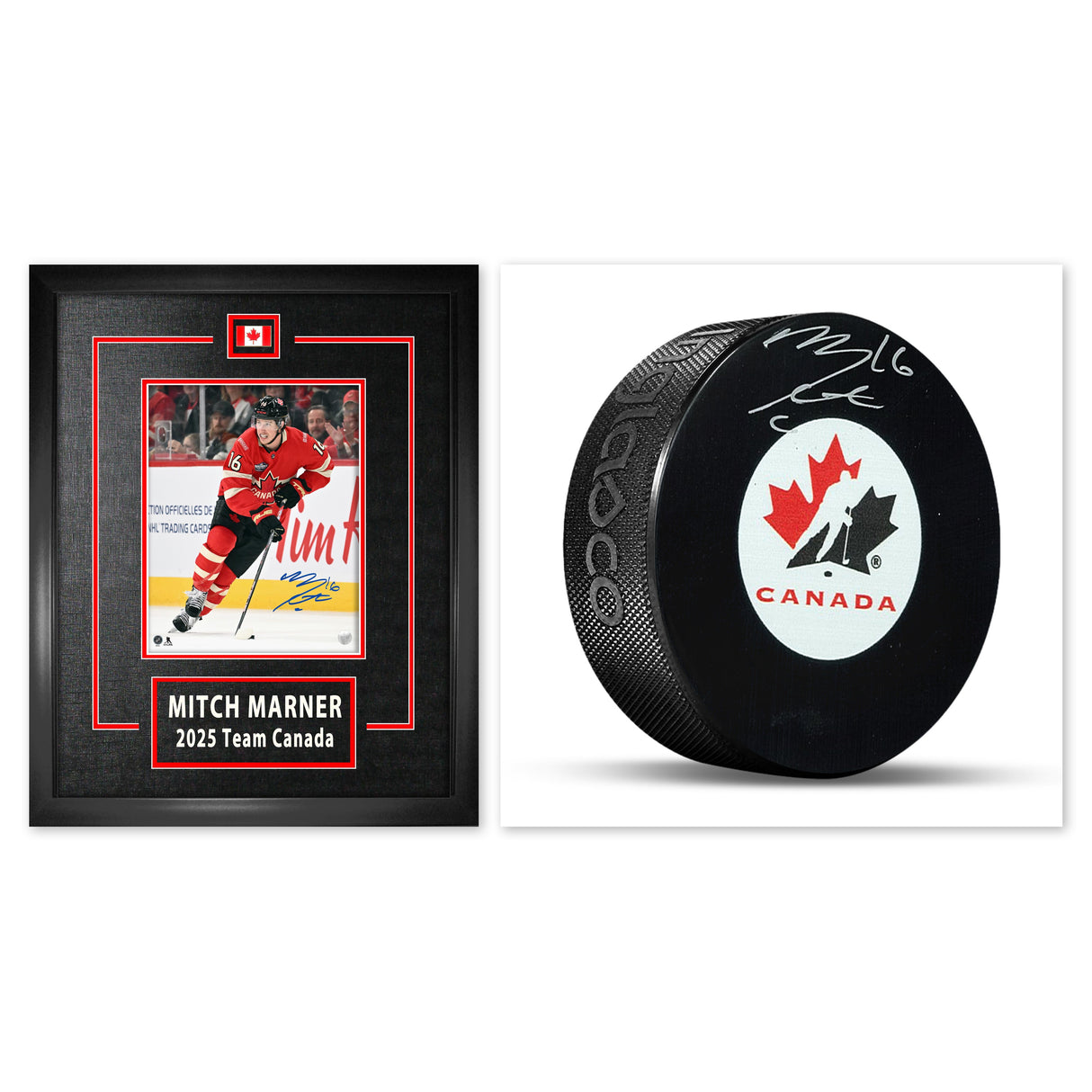 Mitch Marner Signed 8x10 Etched Mat Four Nations and Signed Team Canada Puck Bundle - AUCTION