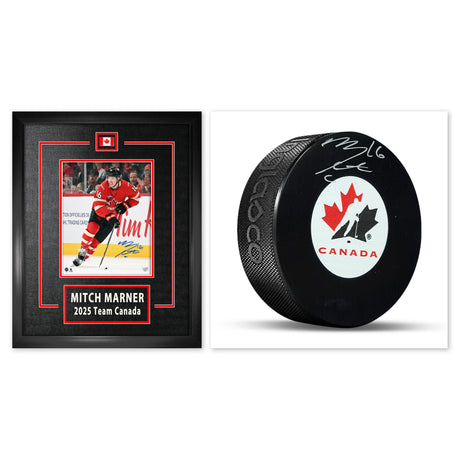 Mitch Marner Signed 8x10 Etched Mat Four Nations and Signed Team Canada Puck Bundle - AUCTION