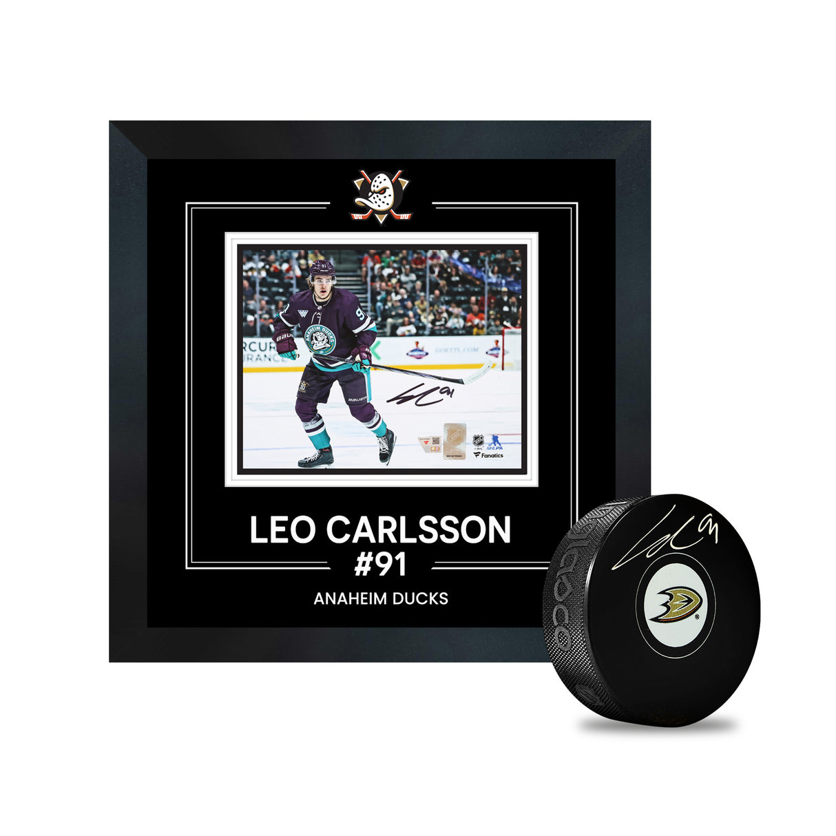 Leo Carlsson Anaheim Ducks Signed 8x10 Purple Jersey Skating Photograph Framed and Signed Puck Bundle