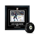 Leo Carlsson Anaheim Ducks Signed 8x10 Purple Jersey Skating Photograph Framed and Signed Puck Bundle
