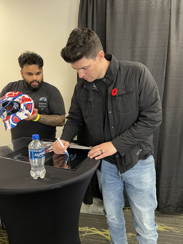 Carey Price signing a goalie mask for a send-in, Toronto Sport Card Expo 2023