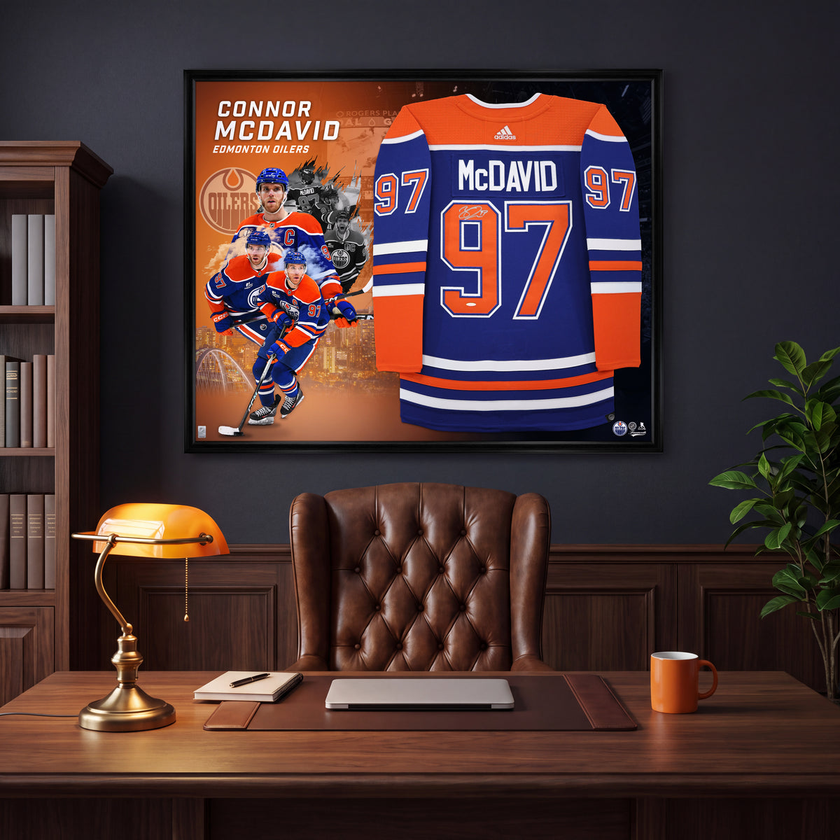 Connor McDavid Signed Deluxe Framed 40x50 Art Work Edition Edmonton Oilers Adidas Authentic Home Jersey