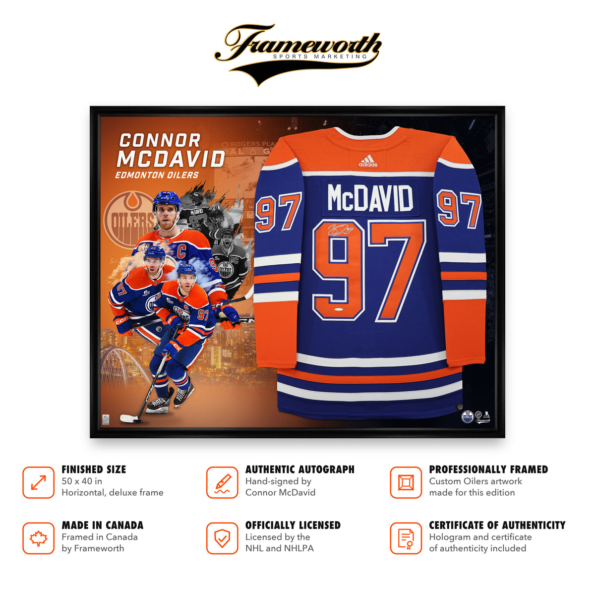 Connor McDavid Signed Deluxe Framed 40x50 Art Work Edition Edmonton Oilers Adidas Authentic Home Jersey