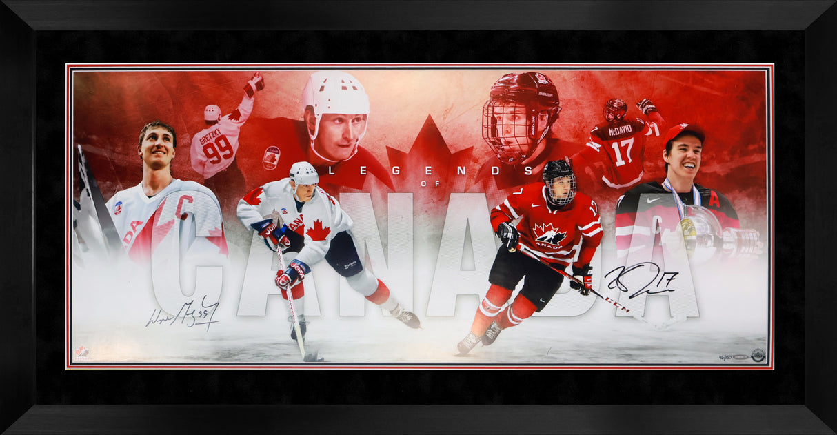 Wayne Gretzky and Connor McDavid Signed 42x18 Photo Framed with Psuede Mat "Legends of Canada" (Limited Edition of 150) - AUCTION