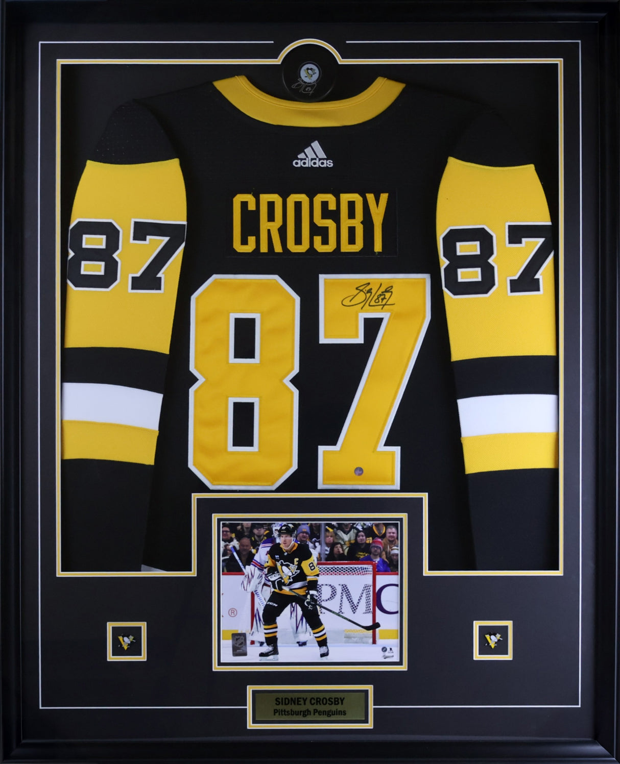 Sidney Crosby Signed Pittsburgh Penguins Framed 34x42 Home Fanatics Premium Jersey with Signed Puck - AUCTION