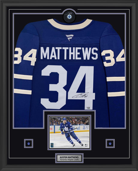 Auston Matthews Signed Toronto Maple Leafs Framed 34x42 Home Fanatics Premium Jersey with Signed Puck - AUCTION
