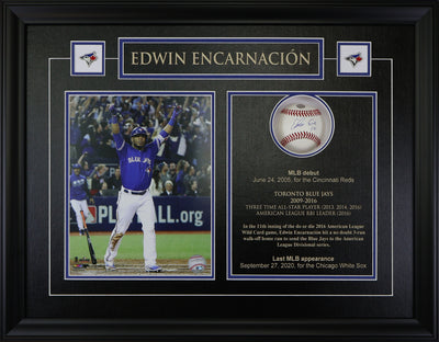 Frame with blue accent borders, charcoal matting, and dual-opening layout for photo and baseball