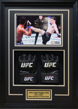 Vertical shadow box with gold accent matting, dual-glove mounting, and action photo above nameplate